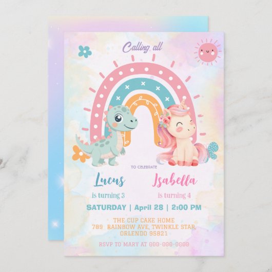Rosa Niedliche Einhorndinosaurier Regenbogen Gebur Einladung (Vorne/Hinten)