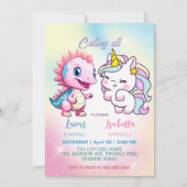 Rosa Niedliche Einhorndinosaurier Regenbogen Gebur Einladung (Vorderseite)