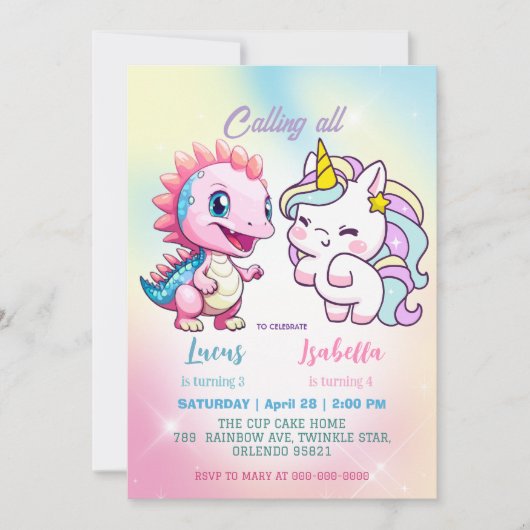 Rosa Niedliche Einhorndinosaurier Regenbogen Gebur Einladung (Vorderseite)