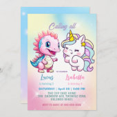 Rosa Niedliche Einhorndinosaurier Regenbogen Gebur Einladung (Vorne/Hinten)