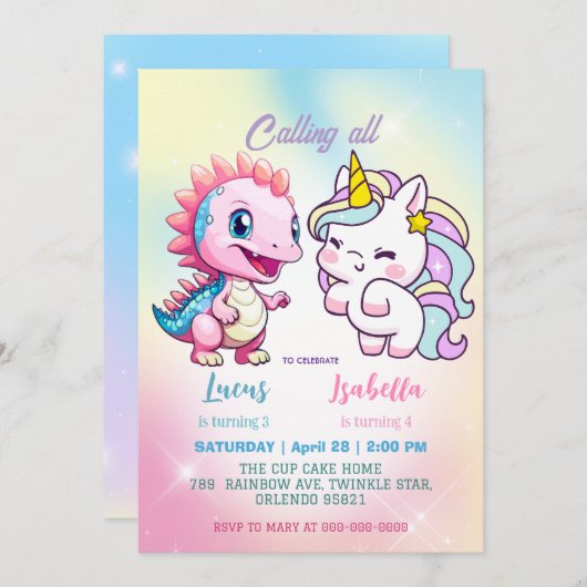 Rosa Niedliche Einhorndinosaurier Regenbogen Gebur Einladung (Vorne/Hinten)