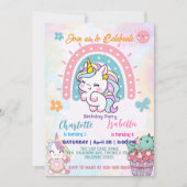 Rosa Niedliche Einhorndinosaurier Regenbogen Gebur Einladung (Vorderseite)