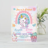 Rosa Niedliche Einhorndinosaurier Regenbogen Gebur Einladung (Stehend Vorderseite)