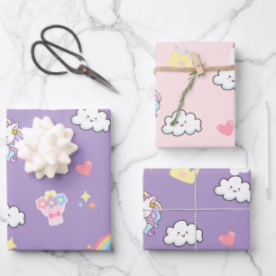 Rosa Niedliche Einhorndinosaurier Regenbogen Gebur Geschenkpapier Set