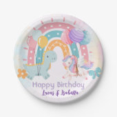 Rosa Niedliche Einhorndinosaurier Regenbogen Gebur Pappteller (Vorderseite)