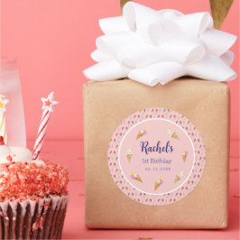 Rosa Niedliche Eiscreme Cone Kids Girl 1. Geburtst Runder Aufkleber