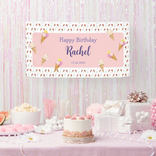 Rosa Niedliche Eiscreme Cone Kinder Geburtstag Mäd Banner (Party)