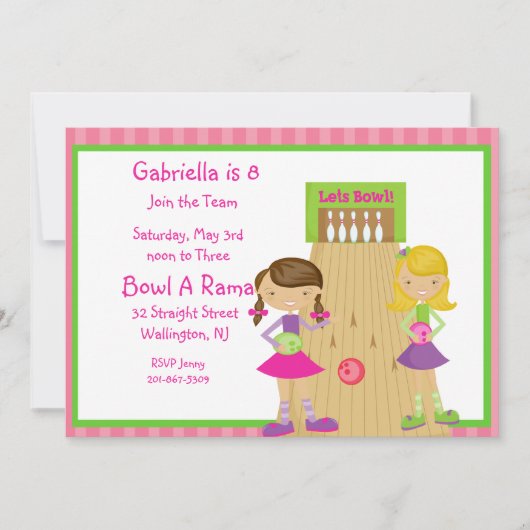 Rosa, niedliche, gestreifte Mädchen-Bowlings-Party Einladung (Vorderseite)