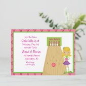 Rosa, Niedliche, Girl Bowling Party Einladung (Stehend Vorderseite)