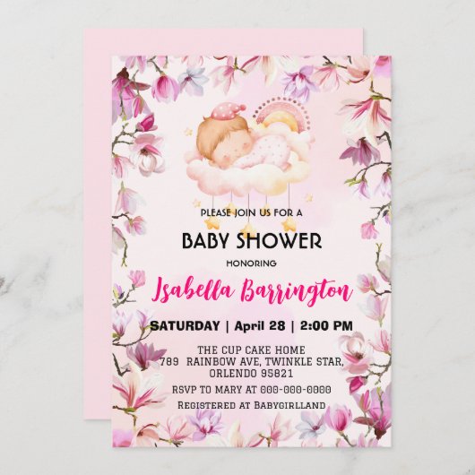 Rosa Niedliche Girl Sweet Dream Blumen baby Dusche Einladung (Vorne/Hinten)
