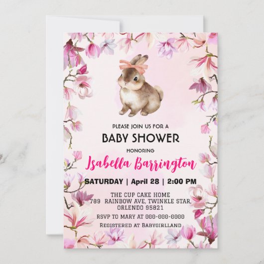 Rosa Niedliche Kaninchen Blume Babydusche Mädchen Einladung (Vorderseite)