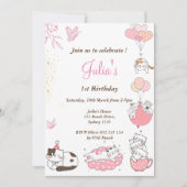Rosa Niedliche Katzen 1. Geburtstag Einladung (Vorderseite)