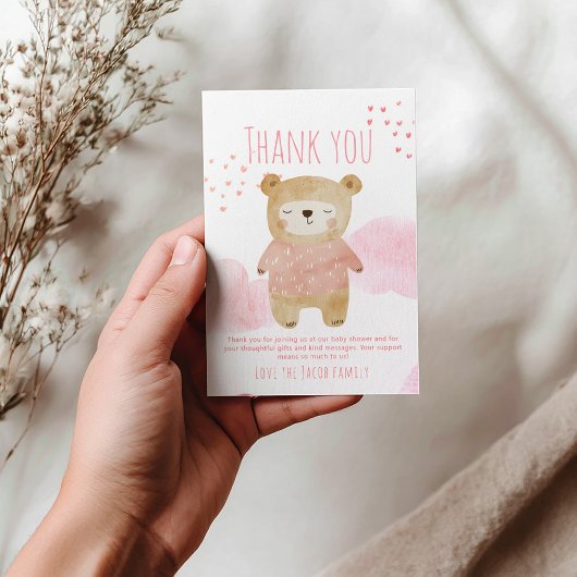 Rosa niedliche Schlafsäulenbärchen und Wolken Dankeskarte