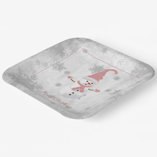 Rosa Niedliche Schneemann-Papierplatte Pappteller (Gewinkelt)