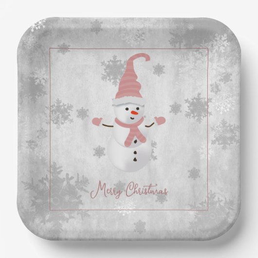 Rosa Niedliche Schneemann-Papierplatte Pappteller (Vorderseite)