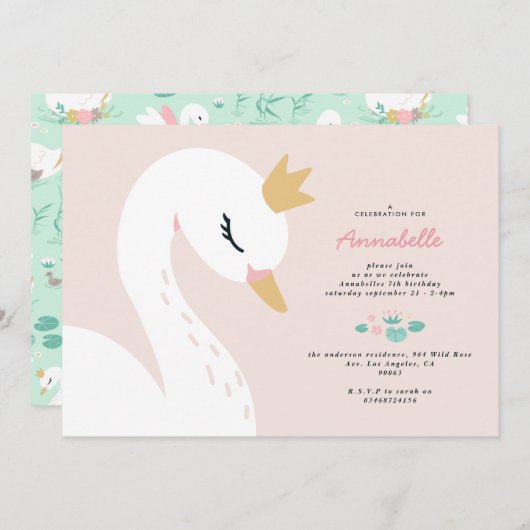 Rosa niedliche Schwanenkinder Einladung (Vorne/Hinten)
