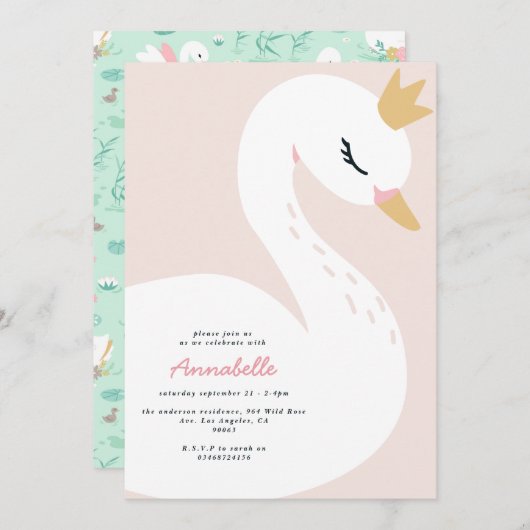 Rosa niedliche Schwanenkinder Einladung (Vorne/Hinten)