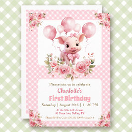 Rosa Niedliche Schweinezucht Mädchen 1. Geburtstag Einladung
