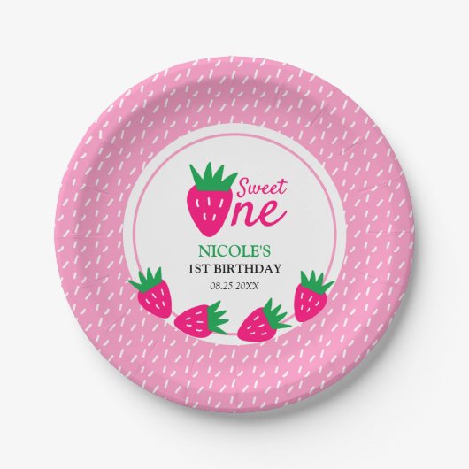 Rosa Niedliche Strawberry Girl 1. Geburtstag Pappteller (Vorderseite)