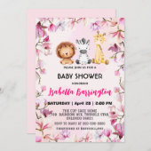 Rosa Niedliche Wildcupsafari Blume Babydusche Kind Einladung (Vorne/Hinten)