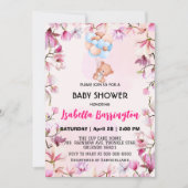 Rosa Niedlicher Bärenballon Blume Babydusche Kinde Einladung (Vorderseite)