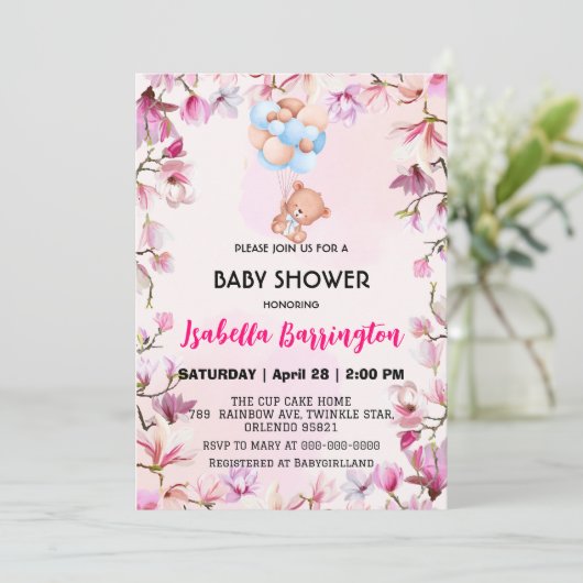 Rosa Niedlicher Bärenballon Blume Babydusche Kinde Einladung (Stehend Vorderseite)