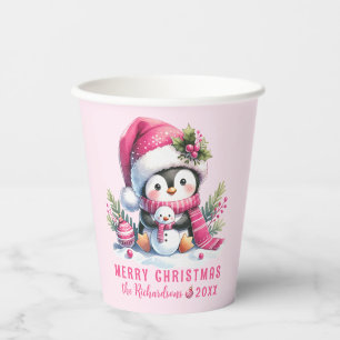 Rosa Niedlicher Pinguin Frohe Weihnachten Pappbecher