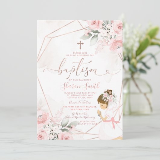 Rosa Niedliches Mädchen Gebet Weihnachtsfeier Tauf Einladung (Stehend Vorderseite)