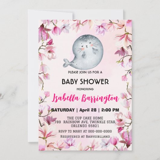 Rosa Niedliches Siegel Löwe Blume Blütendusche Kin Einladung (Vorderseite)