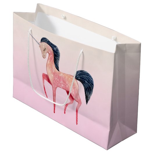 Rosa Nordic Unicorn mit schwarzem Mane Große Geschenktüte (Vorderseite Schrägansicht)