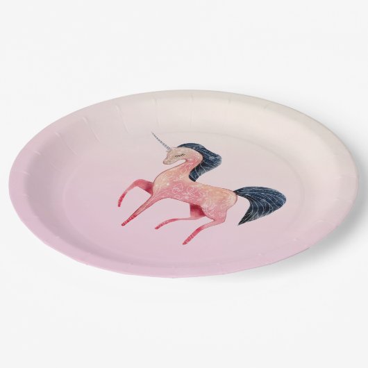 Rosa Nordic Unicorn mit schwarzem Mane Pappteller (Schrägansicht)