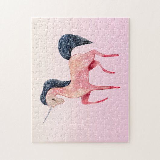 Rosa Nordic Unicorn mit schwarzem Mane Puzzle (Vertikal)