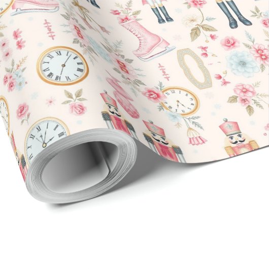 Rosa Nussknacker-Schlittschuhe-Uhr Geschenkpapier (Rolleneckpunkt)
