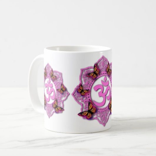 Rosa-Ochsenmandala-Design mit Monarchschmetterling Kaffeetasse (Vorderseite Links)