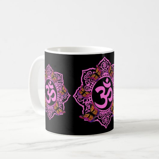 Rosa-Ochsenmandala-Design mit Monarchschmetterling Kaffeetasse (Vorderseite Links)