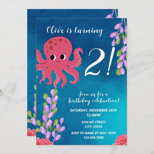 Rosa Octopus Einladung zum Geburtstag (Vorne/Hinten)