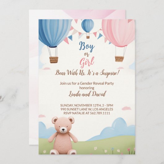 Rosa oder Blau: Junge oder Girl Teddy Bear Baby Du Einladung (Vorne/Hinten)