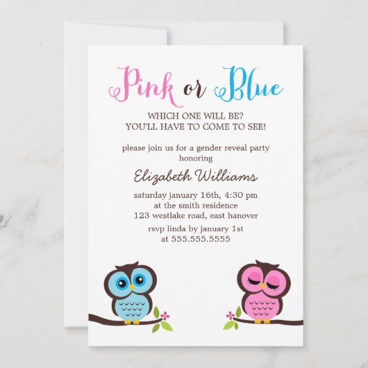 Rosa oder Blau? Owls Gender Reveal Party Einladung (Vorderseite)