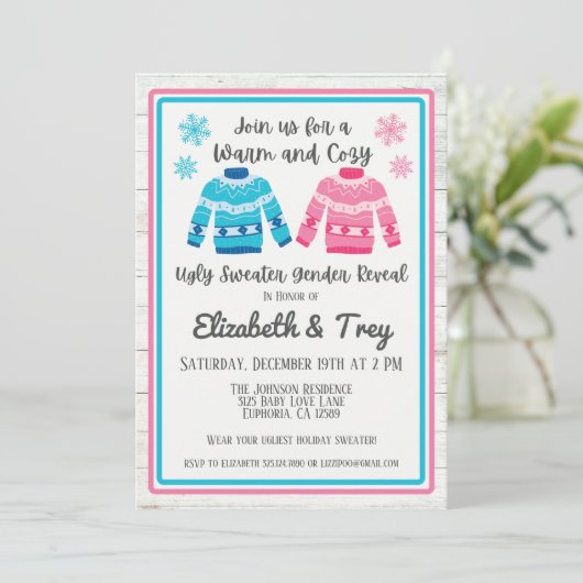 Rosa oder Blau Ugly Sweater Weihnachtsgeschlecht o Einladung (Stehend Vorderseite)