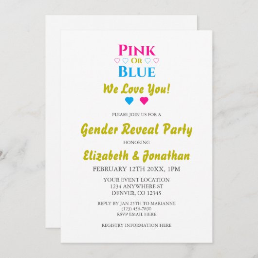 Rosa oder blau, wir Liebe dich! Geschlechtsankündi Einladung (Vorne/Hinten)