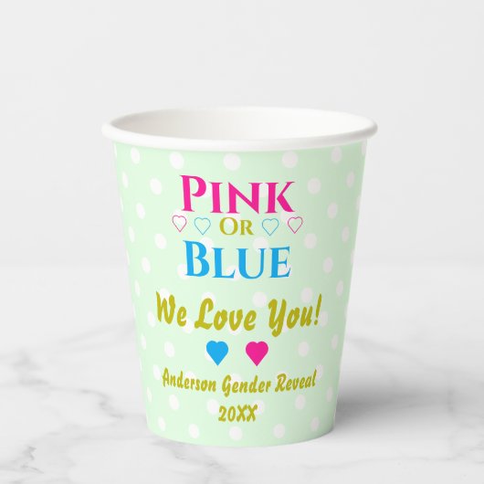 Rosa oder blau, wir Liebe dich! Geschlechtsankündi Pappbecher (Vorderseite)