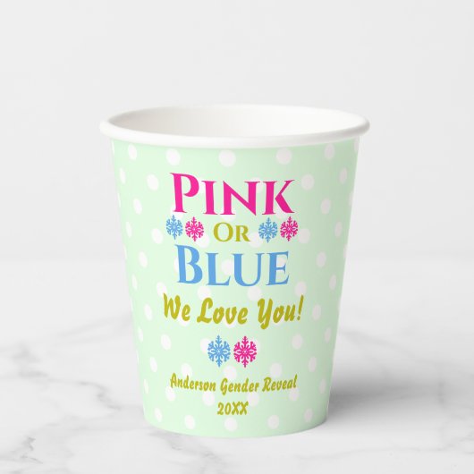 Rosa oder blau, wir Liebe dich! Geschlechtsankündi Pappbecher (Vorderseite)