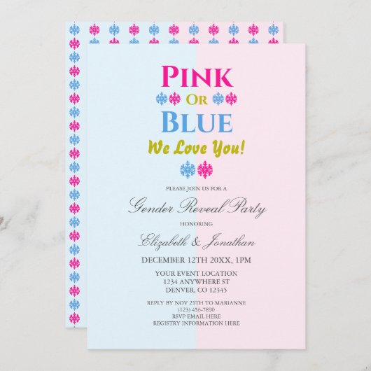 Rosa oder blau Wir Liebe Sie Schneeflocken Geschle Einladung (Vorne/Hinten)