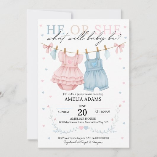 Rosa oder blaue Baby-Kleidung Gender-Einladung Einladung (Vorderseite)