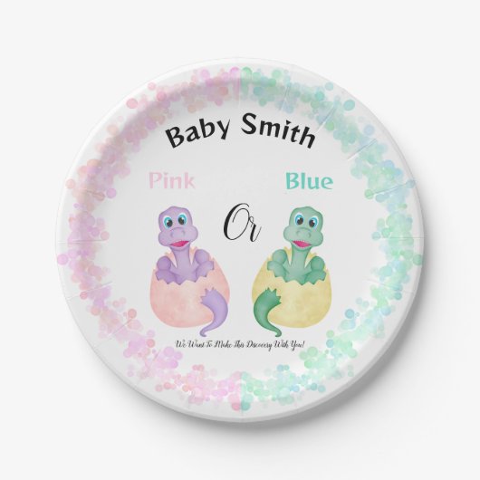 Rosa oder blaue Dinosaurier Babydusche Geschlechts Pappteller (Vorderseite)
