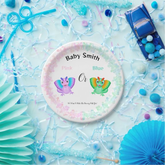 Rosa oder blaue Dinosaurier Babydusche Geschlechts Pappteller (Party)