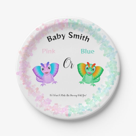 Rosa oder blaue Dinosaurier Babydusche Geschlechts Pappteller (Vorderseite)