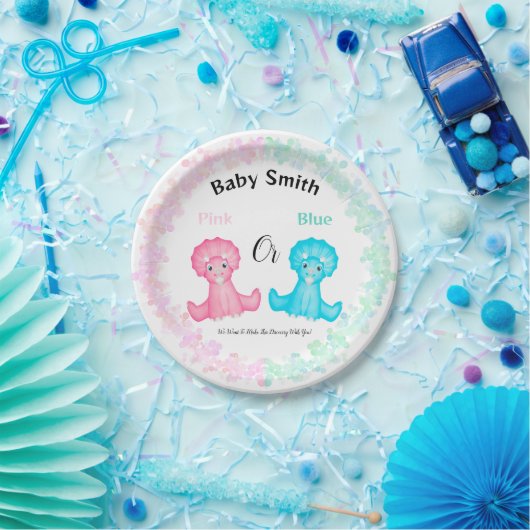 Rosa oder blaue Dinosaurier Babydusche Geschlechts Pappteller (Party)