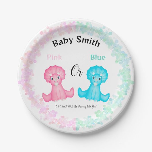 Rosa oder blaue Dinosaurier Babydusche Geschlechts Pappteller (Vorderseite)