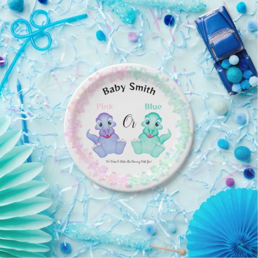 Rosa oder blaue Dinosaurier Babydusche Geschlechts Pappteller (Party)